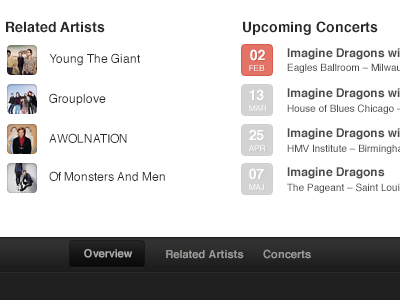 Related and Upcoming Concerts lists artists calendar events