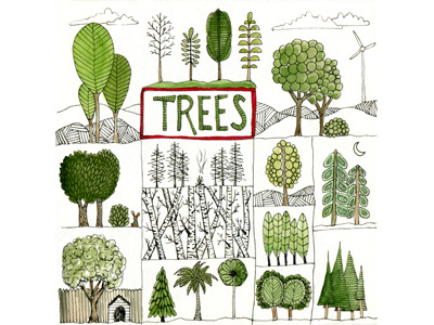 Mar 1 Trees fence gouache green illustration line art pen trees wind turbine woods