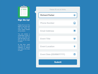 Sign Up Form blue css3 flat design forms helvetica html css html5 icon design icons internets vector web design web icons web typography