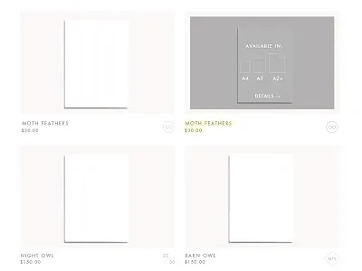 User Interface: Print Shop button edition minimal prints rollover size symbol