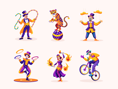 Circus Performer Illustrations acrobat carnival character character design character illustration circus circus performer circus show clown colorful funny graphic design happy illustration jester joker juggler laugh tiger vector illustration