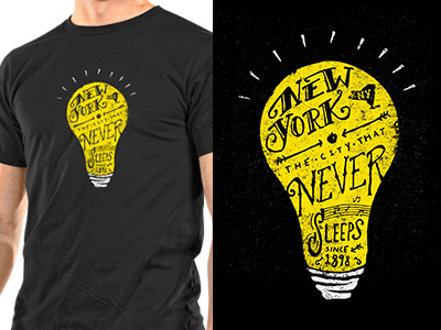 The City That Never Sleeps black city design frank sinatra illustration light bulb lucas lucas ballasy lucas joseph ballasy never new new york city nyc printmaking sleeps t shirt that the the city that never sleeps typography yellow york you and who