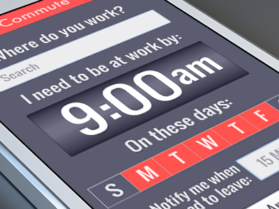 Commute android app clean days design dial flat flat ui form grey ios mobile red search time timer transit ui week white