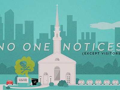 No One Notices blue cars church gray green illustration red trash