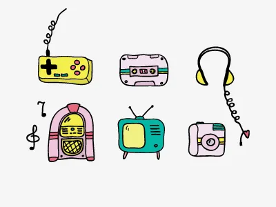 funny icon set audio camera dj doodle juke box tape tv