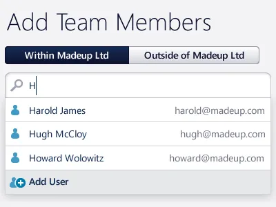 Adding users to a team form interface search web