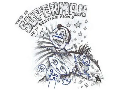 This is SUPERMAN. He is serving people. drawing illustration