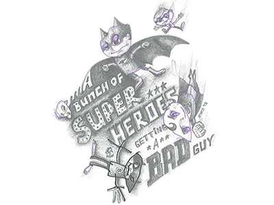 A Bunch of SUPER HEROES Getting a BAD Guy drawing illustration