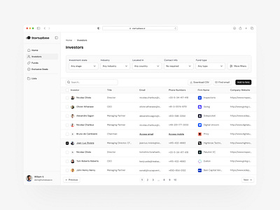 Investors List dashboard investor listing minimalism ui web app