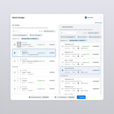 Quick Assign - assign bank transactions to matching invoices app assign assing bank branding dashboar design feature figma form illustration invoice module tiles transactions ui web