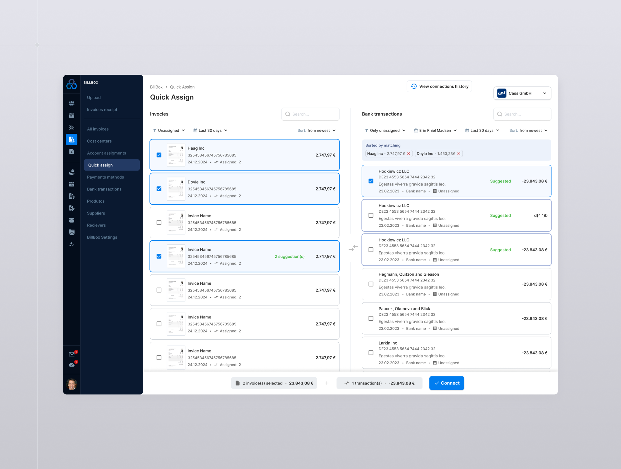 Quick Assign - assign bank transactions to matching invoices app assign assing bank branding dashboar design feature figma form illustration invoice module tiles transactions ui web