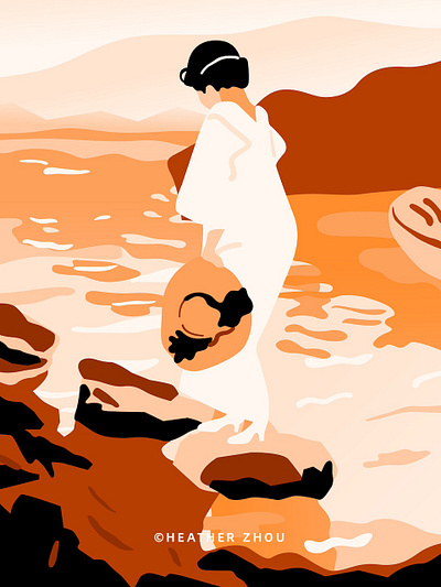 By the River digital art fashion graphic design human illustration impressionism landscape minimal minimalism nature orange people vector vector art woman