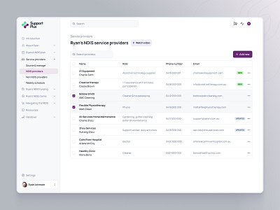 Service Providers Table UI Design for a SaaS App - Support Plus app contacts crm dashboard figma list management minimal modern product design saas service providers simple simple table design table ui ux web app web design