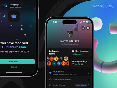 Outlier iOS: Profile & Choose Plans app betting dark design interface ios mobile outlier plans pricing product profile settings sports subscribe ui ux