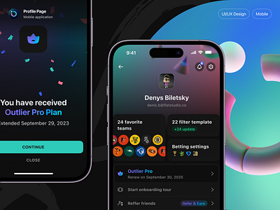 Outlier iOS: Profile & Choose Plans app betting dark design interface ios mobile outlier plans pricing product profile settings sports subscribe ui ux