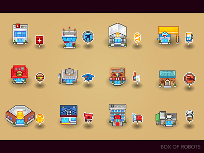 Locations and Pins box of robots game game art illustration locations pins sprites trevor van meter tvm ui vector