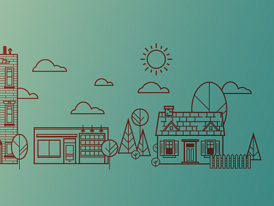 Reaching Neighbors east side apartment buildings clouds community fence house line art neighborhood sun town trees