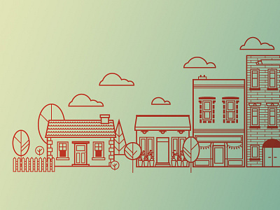 Reaching Neighbors west side apartment buildings clouds community fence house line art neighborhood sun town trees