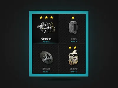 Car parts (select&upgrade) black blue brakes car choose design develop engine f1600 formula game gearbox hoover illustration level new part race racing select simple stars table technology tires ui upgrade widget