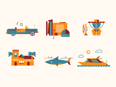 [GIF] San Jose Icons apricot boat color dangerdom dominic flask illustration jose lowrider mariachi mid century noodles san shark sky sun