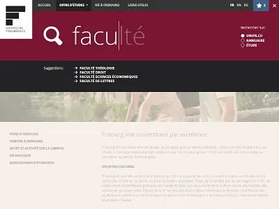 University of Fribourg Search Flyout academic campus dropdown education flyout grid interface navigation portal search students ui university website