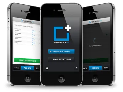 Prescription plus app blue buttons branding buttons dark dashboard interface iphone app pharmaceuticals pharmacy ui