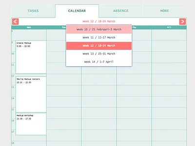 simple workday calendar calendar day dropdown grid interface metro mint mockup popout red select simple style week work workday