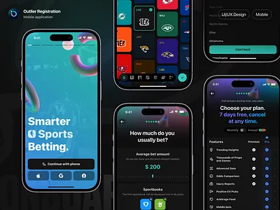 Outlier iOS: Registration app betting dark design interface ios mobile onboarding outlier product registration settings sign up sing in sportbook sports ui ux