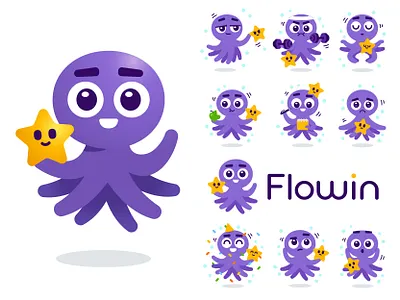 Octopus Character Design Mascot for Flowin animal app branding cartoon character creative cute digital emoji emoticon flat funny illustration logo logo design mascot octopus star ui vector