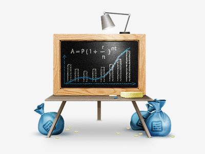 At a Glance Analytics analytics analyze blackboard chalk chart coins formula graphics lamp money money bag paybook scale sponge