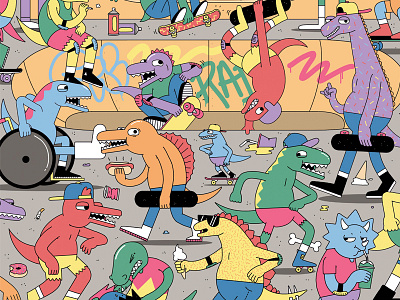 Jurassic Skate Park characters dinosaurs illustration skateboarding