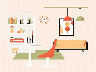 Mid-Century Living – Livingroom camera chair clock color cute dangerdom dominic flask fun illustration lamp living room mid century nelson phone record sofa table texture