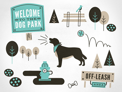 Dog Park Illo ball bench bird bone bounce bush class dog dog park fire hydrant flowers illustration line sign skillshare trees wood sign work