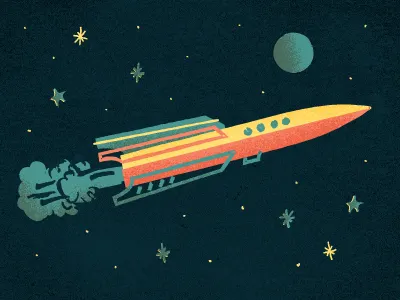 Rocket! blue illustration outer space pink rocket yellow
