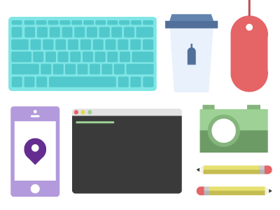 Desk Kit blue bottle camera coffee flat illustration illustrator iphone keyboard kit mouse pencil terminal