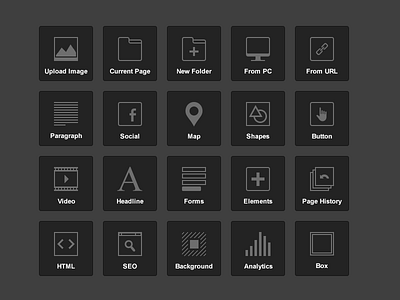 Icon set for a web builder analytics background box button computer elements folder forms headline history html icon icon set image map page paragraph seo shapes social url video