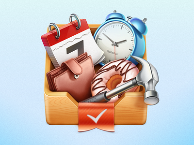 Tasksbox Mac OS icon alarm clock app application bookmark box calendar cuberto design donut graphics hammer icons illustration mac os metal purse ribbon tasks texture tick wallet wood