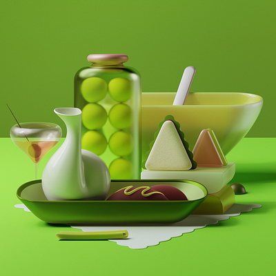 Olive tapa 3d 3d illustration art direction blender cgi cocktail composition design digital art green illustration jar olive product render set design still life tapa