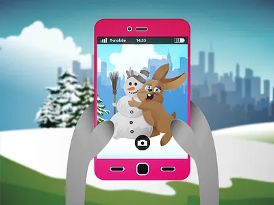 Spring illustration melting mobile rabbit snowman spring