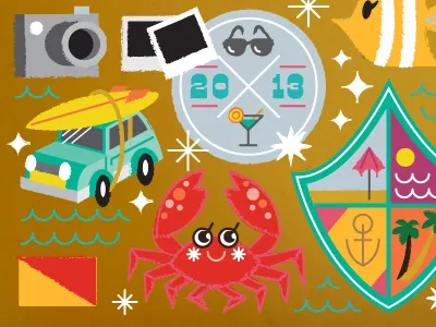 WIP V anchor camera car cocktail crab fish flags palm trees polaroids sea stars sun sunglasses surfboard umbrella