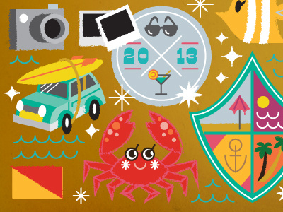 WIP V anchor camera car cocktail crab fish flags palm trees polaroids sea stars sun sunglasses surfboard umbrella