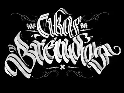 Calligraphy: Los Cikos La Brendos black calligraphy fractur gothic lampas lettering pokras white