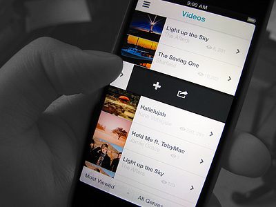 Videos add app clean genres icon iphone list menu most viewed opacity playlist share ui ux video views