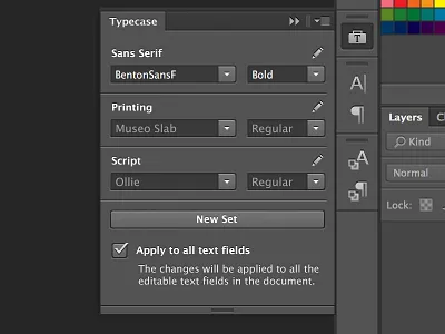 Photoshop Typecase Extension adobe app application black browse collections cs6 dark design edit extension fonts group new panel photoshop ps sets settings text type typecase typeface typefaces