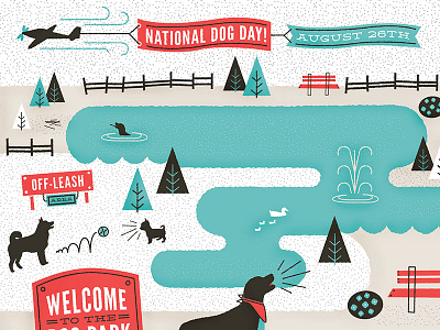 Dog Park Illo Complete ball banner bark bench bone bounce bushes dog dog day dog park ducks fence fountain geometric linework pattern plane pond sand shapes sign skillshare sticks swimming texture trees water wood