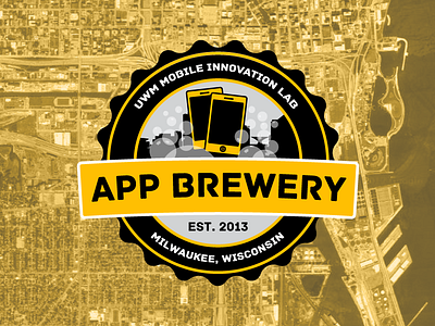 UW-MKE Mobile Innovation Lab Logo badge black bottlecap brewery bubbles cityscape logo map milwaukee mobile apps uwm yellow