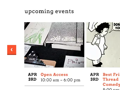 Event Carousel arrow arvo carousel date event images orange photo slideshow time