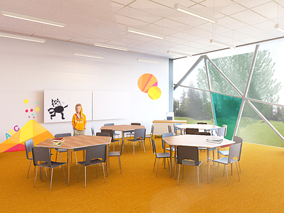 Primary school interior and architecture concept aiste design fun graphic interior kids render school vivid windows yellow