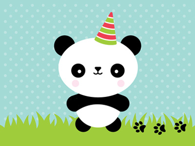 Panda Party blue green hat illustration invitation panda party paws pink