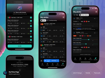 Outlier iOS: My picks app bet betting dark design gradient interface ios mobile neon outlier phone product share sportbook sports ui user interface ux